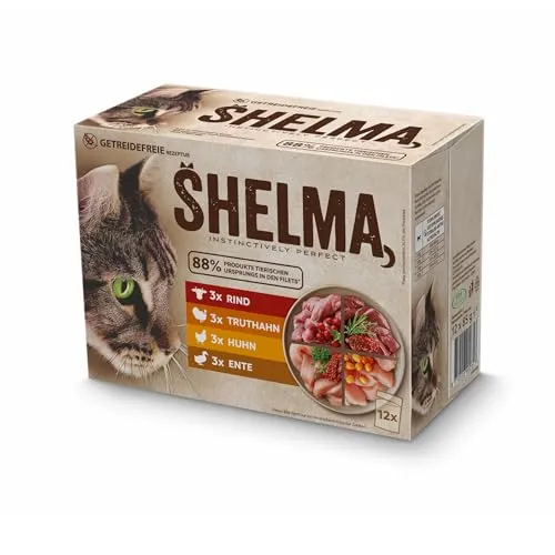 Shelma Katzen-Nassfutter Multipack – Rind, Truthahn, Huhn & Ente, getreidefrei, 12 x 85 g