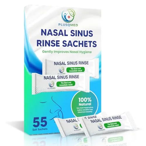 PLUSQMED Box mit 55 Stück Nasenspülsalz, 2,7 g Pakets, Neti-Topfsalz, Nasenbewässerungssalz, Nasenhautentlastung, Nasenwäsche,passend für 240-300 ml Flaschen