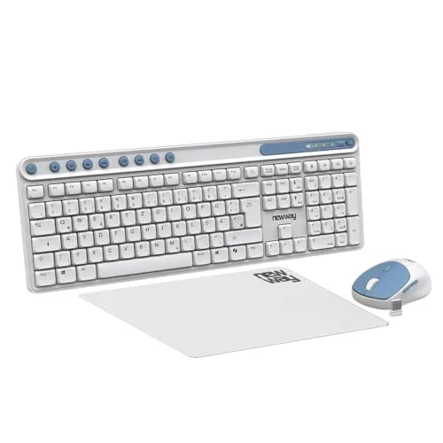 NEWWAY NKMP252 – Kabellose Tastatur Maus Set 2,4 GHz – QWERTZ Deutsch – Leise Tasten, 14 Multimedia-Tasten, Leichte Ergonomische 6-Tasten-Maus, Mauspad Inklusive, Lange Batterielaufzeit (Weiß)