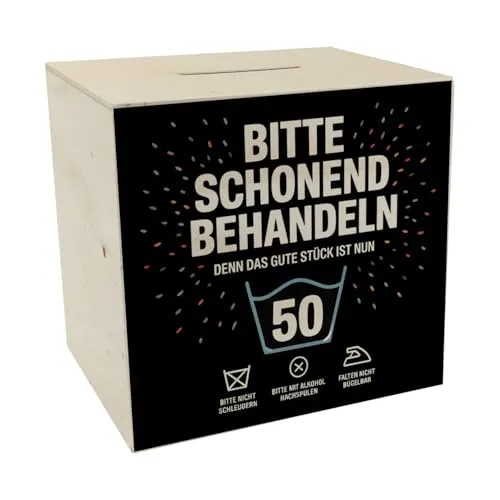Wäschepflegeetikett Spardose aus Holz Bitte schonend behandeln Wird 50 lustige Sparbüchse für den 50. Geburtstag