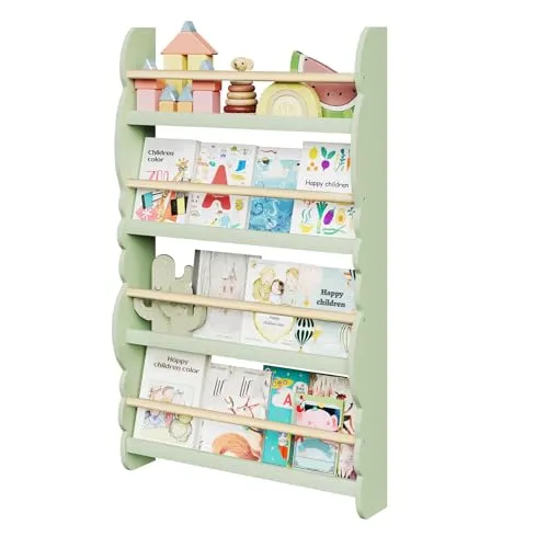 WOLTU Kinder Bücherregal Wand, Bücher-Organizer mit 4 Ablagen, Kinderregal für Buchaufbewahrung, Wandregal Kinderzimmer aus Kiefernholz E1 MDF, für Spielzimmer, Grün