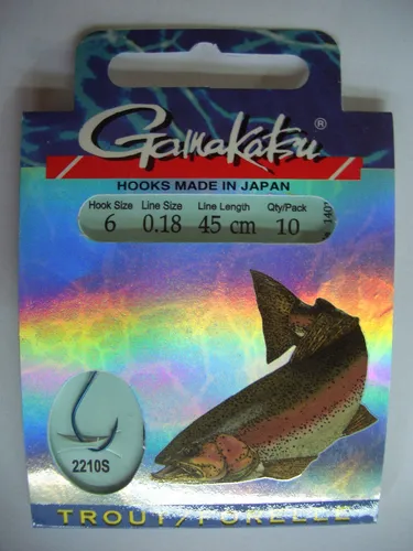 gebundene Gamakatsu Forellen Haken 2210S, Größe 6, 0,18 mm, 45 cm