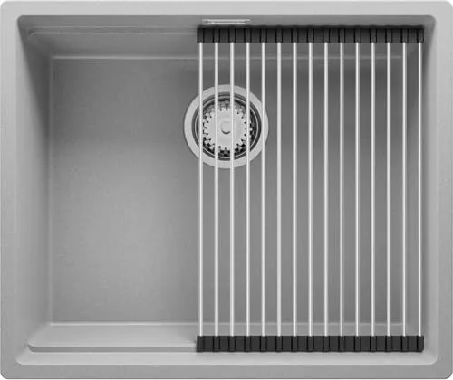 PRIMAGRAN Unterbauspüle Granit Grau 56x47cm, Spülbecken 1 Becken + Ablauf-Set + Aufrollbare Abtropffläche, Granitspüle ab 60er Unterschrank - Praga S218