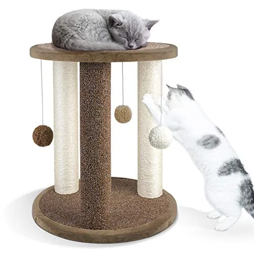 Aibuddy Katzenkratzbaum, Kratzturm mit 3 Kratzstämmen, Teppichboden, interaktives Spielplatz- und Sitzstange-Set (baumelnder Ball, einfach zu montieren, 40 x 40 x 47 cm)