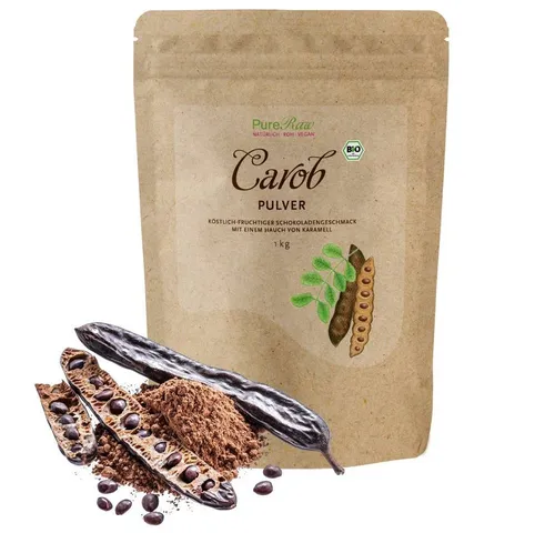 PureRaw Carob Pulver - Bio & Vegan, Gesunde Kakao-Alternative - Mildes Carob Pulver mit feiner Karamellnote, ideal als Kakaoersatz. Reich an Ballaststoffen und perfekt für kreative Rezepte wie Smoothies, Desserts und mehr.