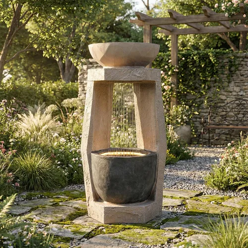 Gartenbrunnen mit LED-Beleuchtung und Wasserpumpe – Beige Kunststein-Außenverkleidung