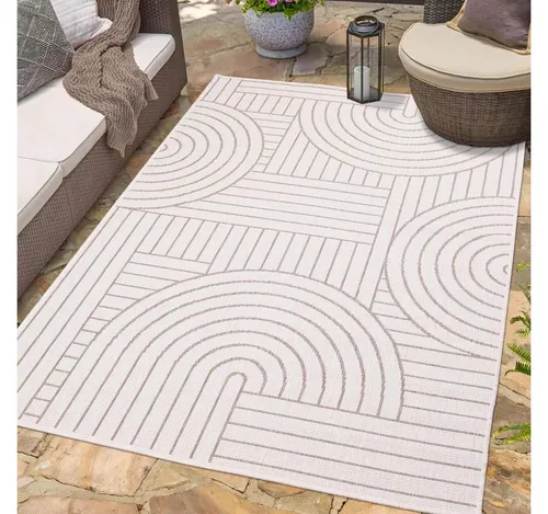 carpet city Outdoor Teppich Wetterfest 160x230 cm - Creme-Beige - Wetterfester Wendeteppich für Balkon und Terrasse, beidseitig nutzbar mit stilvollem Streifenmuster. Strapazierfähig und pflegeleicht, ideal für den Außenbereich.