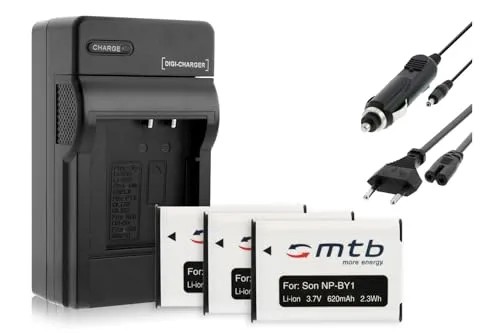 3X Akkus + Ladegerät (KFZ, Netz) NP-BY1 NPBY1 für Sony HD Action Cam Mini AZ1 mit Wi-Fi/HDR-AZ1 (KIT), AZ1VR [Li-Ion / 3.6V / 620mAh]