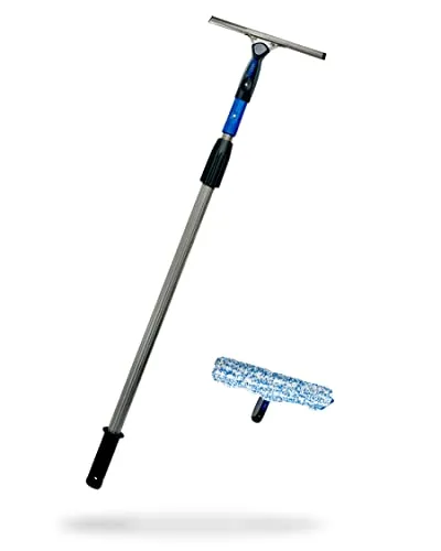 LEWI Fensterreinigungsset mit Teleskopstange (2x60 cm) – Profi Fensterwischer & Fensterabzieher je 25 cm Aluminium-Stange für hohe Fenster & Ecken - inkl. Konus & Gratisprobe GlasRein
