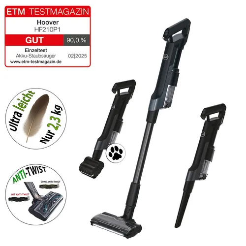 Hoover HF2 Akku-Hand- und Stielstaubsauger mit Tierhaar-Düse - Stielstaubsauger mit nur 2,3 kg, ideal für Tierhaare und Polster. Mit 3 Modi und Anti-Twist-Technologie für eine effiziente Reinigung ohne Verheddern.