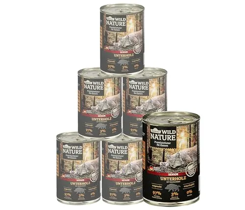 Dehner Wild Nature Katzenfutter Unterholz, Nassfutter getreidefrei / zuckerfrei, für ältere Katzen, Wildschwein, 6 x 400 g Dose, (2.4 kg)