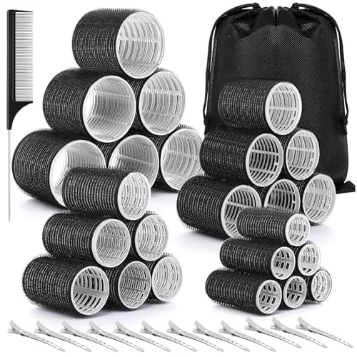 GROFIS 38er Set Lockenwickler Selbsthaftend, 4 Größen (60mm/48mm/36mm/25mm) Hair Rollers mit 12 Edelstahl Clips, 1 Kamm, 1 Aufbewahrungstasche, Haarwickler Ohne Hitze für Lange Medoum und Kurze Haare