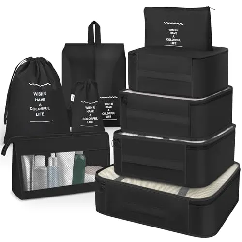 OBSGUMU Koffer Organizer Set, 9 Pcs Packing Cubes für Reisen, Packtaschen für Koffer Reise Kleidertaschen, Verpackungswürfel Mit Kosmetiktasche, Packwürfel for Reiseutensilien(Schwarz)