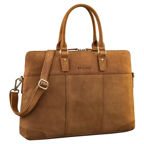 STILORD Charlize Moderne Leder Businesstasche Damen Groß Echtleder Laptoptasche 13-15.6 Zoll zum Umhängen - ideal als Aktentasche Freizeittasche oder Shopper Farbe:tan - Dunkelbraun