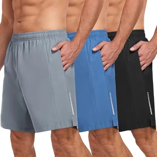 xtuwkzo Sport Shorts Herren Atmungsaktive Mit Taschen Sporthosen Dry Fit Running Fitness Gym Hose Kurz Mann 3er Pack Schwarz/Grau/Blau M