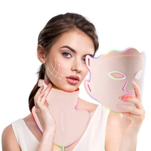 USUIELIGHT LED Gesichtsmaske Lichttherapie, 7 Farben LED Maske für Gesicht und Hals mit Rotlichtlampe für Anti-Aging, Akne & Hautstraffung, professionelle Hautpflege für zu Hause Rosa