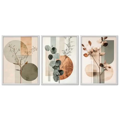 ARTFAVES® Poster Set - Abstract Flower Art 2 - mehrteilige Wanddeko Wohnzimmer, Schlafzimmer, Büro, Flur - 3 moderne Wandbilder Trockenblumen, Blumen, Pflanzen - mit Rahmen Weiss