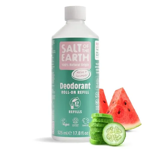 Salt of the Earth Natürliches Deodorant Roll-On Nachfüllpackung – Melone & Gurke – Vegan, Leaping Bunny-zertifiziert, hergestellt in Großbritannien – 525ml