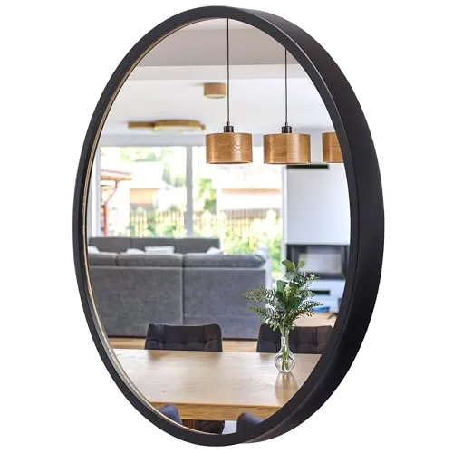 STOLARNIA PIKA Wandspiegel mit Holzrahmen (∅57 cm) - Spiegel Rund Holz Schwarz - Runder Bad Spiegel für Badezimmer, Flur, Wohnzimmer, Schlafzimmer - Stilvoller 60 cm Badspiegel LEJA