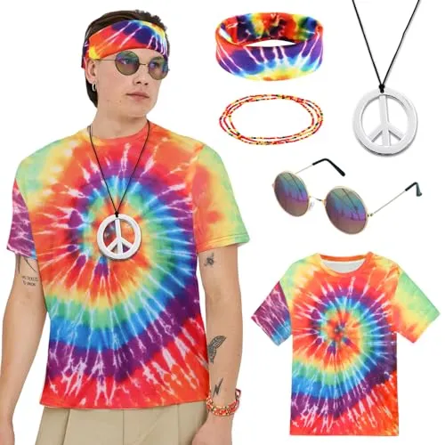 Hippie Kostüm Herren, 60er 70er Jahre Bekleidung Herren Set mit Hippie T-Shirt, Peace Halskette, Stirnband, 60er 70er Jahre Outfit Kostüm Kit für Party Fasching Karneval