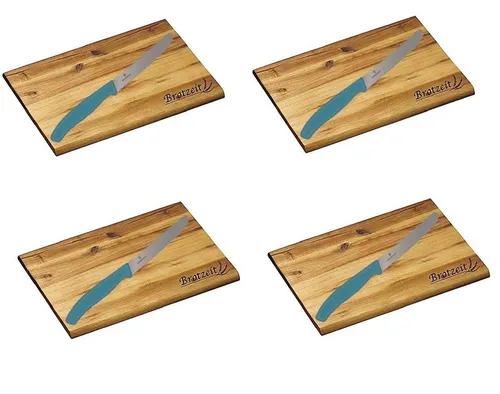 Kesper Schneidebrett Brotzeitbrett-Set - Schneidebretter Set aus 4 FSC-zertifizierten Akazienholz-Brettchen mit 4 spülmaschinenfesten Tafelmessern in Karibikblau – ideal für Frühstück und Brotzeit, extra große Abmessung!