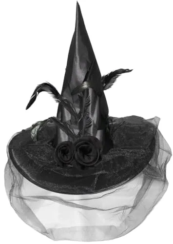 Hatstar Halloween Hexenhut Schwarz, verziert mit Schleier, Rosen & Federn, Kostüm Accessoire für Damen & Kinder, Kostümhut für Karneval und Fasching