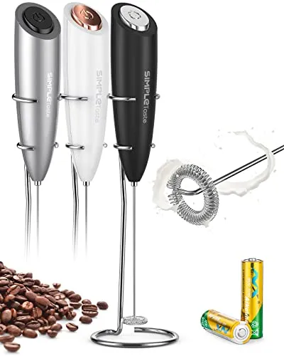 SIMPLETASTE Milchaufschäumer Elektrisch Handheld | Mit 2 Batterie und Stab, Edelstahl-Schneebesen, Für Cappuccino, Latte, Bulletproof Coffee, kompaktes Design, Kabellos