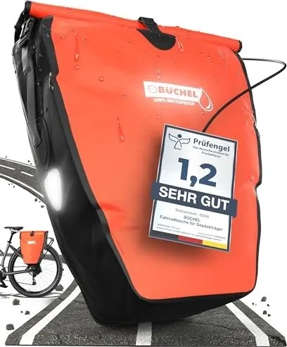 Büchel Fahrradtasche für Gepäckträger - 100% Wasserdicht, 25.4 L - Fahrradtaschen mit 100% wasserdichten Materialien, ideal für jedes Wetter. Viel Platz (56,5 x 30 x 15 cm) und vielseitige Tragemöglichkeiten dank Schultergurt und Tragegriff.