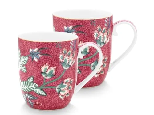 Pip Studio 51002327 Flower Festival Henkelbecher Set 2 – Dunkelrosa - Set aus 2 eleganten Henkelbechern aus Porzellan mit blühendem Design, ideal für stilvolle Kaffeepausen.