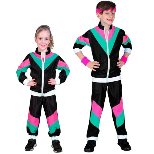 80er Jahre Jogginganzug für Kinder schwarz-bunt - 164 - Kostüm für Kinder, ideal für Fasching oder Mottopartys, mit buntem Retro-Design für einen coolen Look!