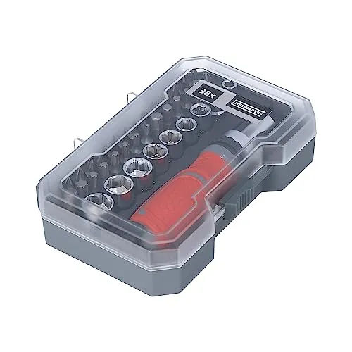 HELPMATE Steckschlüssel- und Bitsatz aus Chrom-Vanadium Stahl, Korrosionsbeständig, Magnetische Bitaufnahme, inkl. Schraubendreher mit Ratschenfunktion 38-teilig