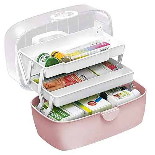 Gute Hausapotheke Schrank,Medizinbox,Erste-Hilfe-Box,Tragbare Aufbewahrung für Medizinkisten,Organizer-Box,3 Ebene Medizinkoffer, Aufbewahrungskoffer für zu Hause, im Freien, Pink 30X19X16 cm