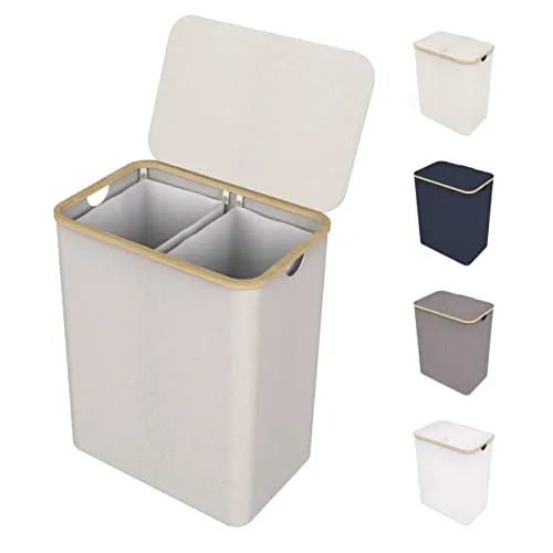 LONBET Wäschekorb mit Deckel & 2 Fächer 150L - Wäschekörbe mit atmungsaktivem Design, stabiler Bambus-Rahmen und herausnehmbarem, waschbarem Innensack für mühelose Wäscheorganisation.