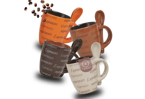matches21 HOME & HOBBY Tasse Espresso-Tassen mit Löffel 4er Set dickwandige Keramik, 50 ml, 4-tlg., Keramik, Kleine Vintage Henkel Kaffee-Tassen mit Spruch ohne Untertassen