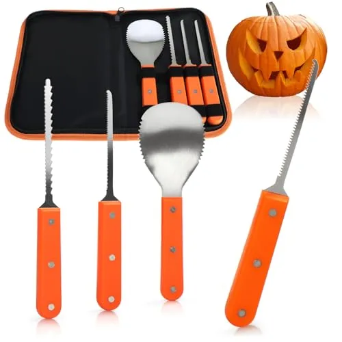 com-four® 4-teiliges Kürbis-Schnitz-Set für Halloween mit Aufbewahrungstasche - Schneide-Werkzeuge für Kürbisse - Schnitzwerkzeug aus Edelstahl - Löffel und 3 Sägemesser (4-teilig + Tasche - orange)