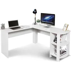 Mondeer Eckschreibtisch L-förmig mit 2 Ablagen - Computermöbel im platzsparenden Design. Der 140x130 cm große Eckschreibtisch bietet viel Platz für Geräte und eine stabile dreieckige Struktur.