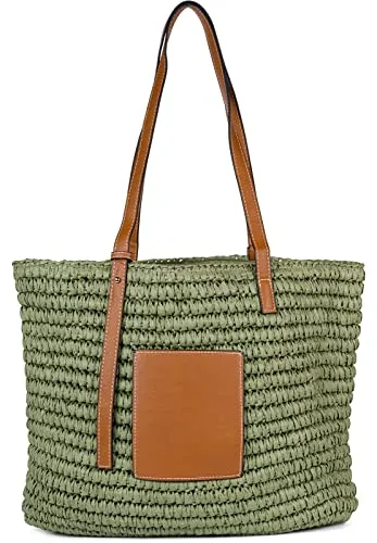 styleBREAKER Damen Korbflecht Schultertasche - Damen-Schultertaschen aus Papierstroh mit Kunstleder-Details, ideal als Strand- oder Einkaufstasche, großes Hauptfach mit Reißverschluss und praktische Innenfächer für Smartphone.