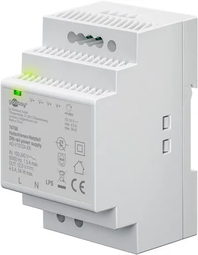 Goobay Hutschienen-Netzteil 12 V DC, 4,5 A - Trafo-Vorschaltgerät für DIN-Montage, ideal für zuverlässige Stromversorgung in Schaltschränken und Industrieanwendungen.