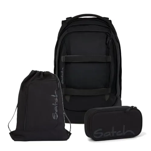 Satch Schulranzen-Set PACK Blackjack 3-teilig - Ergonomischer Schulrucksack für Kinder, anpassbar an die Körpergröße dank Your-Size-System, ideal für bequemes Tragen in der Schule.