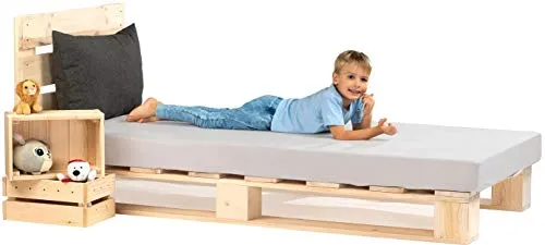 sunnypillow Palettenbett 120x200 cm mit Kopfteil aus Fichte in beige von sunnypillow