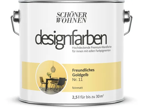 Designfarbe Gelb Freudiges Goldgelb 2,5L von Schöner Wohnen - Hochwertige Wandfarbe für den Innenbereich, UV-beständig und schnell trocknend. Ideal für ein fröhliches Ambiente in jedem Raum.