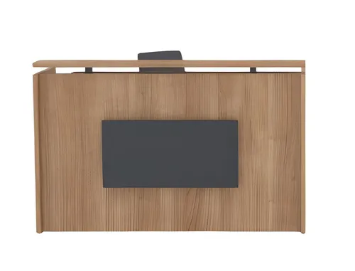 Moderne Empfangstheke aus Holz - Stylischer Empfangstisch in Beige, ideal für Büros. Mit Stauraum und pflegeleichter Oberfläche, Maße: 140 x 110 x 60 cm. Perfekt für einen einladenden Empfangsbereich.