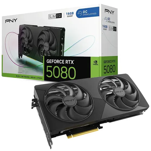 PNY GeForce RTX 5080 Slim OC Grafikkarte - Hochleistungs-Gaming - Leistungsstarke NVIDIA GeForce RTX 5080 Grafikkarte mit 16 GB GDDR7 VRAM und effizientem Dual-Fan-Kühlerdesign. Ideal für anspruchsvolles Gaming und kreative Anwendungen.