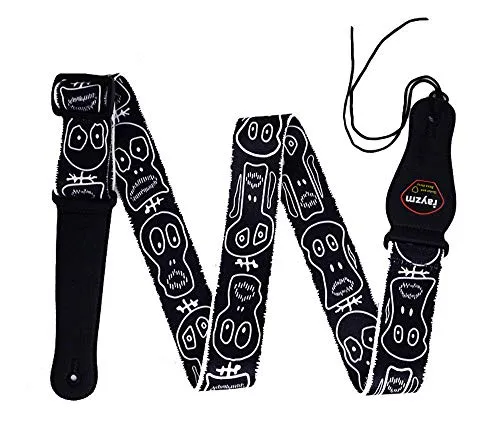 Rayzm Gitarrengurt/Bass Gurt, Polyester Tragegurt für Akustik/Elektro Gitarre oder Bass Inclusive Plektrum Halter und Coolem Totenkopf-Design, 5cm Breit, Länge von 97 bis 155cm Verstellbar