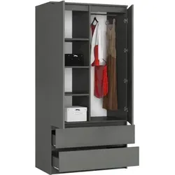 BDW, Kleiderschrank 2 Türen, 2 Schubladen, 180x90x51 cm, Garderobe, Grau - Grau
