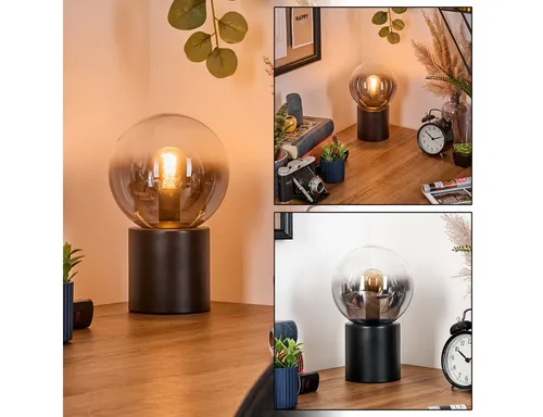 Hofstein Tischleuchte Retro Schwarz/Rauchglas - Elegante Tischlampe im Vintage-Design, perfekt für Wohn- und Arbeitsräume. Mit klarem Glasschirm und 150 cm Kabel sorgt sie für stilvolle Beleuchtung ohne Leuchtmittel.