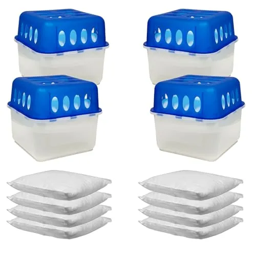 Mojawo 4 Stück Box Intensiv Fresh Luftentfeuchter Schimmel- und Geruchsschutz inkl. 8 x 400gr Nachfüll-Beutel Granulat