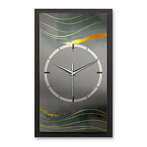 3D Designer-Wanduhr Dark Grey & Waves in modernem Metallic-Look 50x30cm rechteckig analog lautlos ohne Ticken (Dark Grey & Waves, leises Funkuhrwerk)