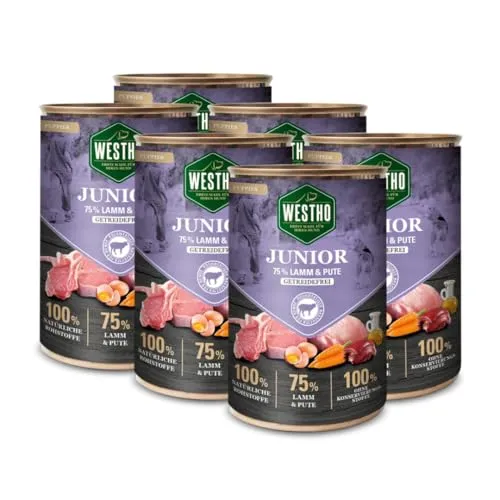 Hundefutter Nassfutter Junior (6 x 400g) - 75% Weidelamm & Pute - Beutelfutter für Hunde, getreidefrei und ideal für gesundes Wachstum von Welpen und Junghunden aller Rassen mit 75% hochwertigem Fleisch.