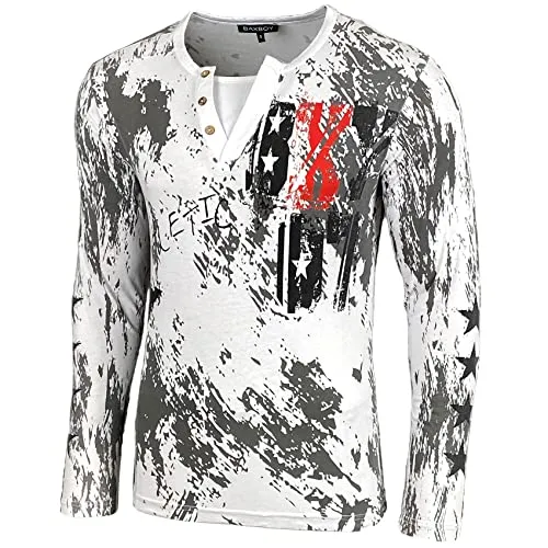 Herren Longsleeve T-Shirt 702 - Modernes Langarmshirt in Weiß, Größe L - Tops, T-Shirts & Hemden für Herren - Hochwertiges Longsleeve aus 100% Baumwolle mit Grandad-Ausschnitt und besonderer Waschung für einen lässigen Used-Look.